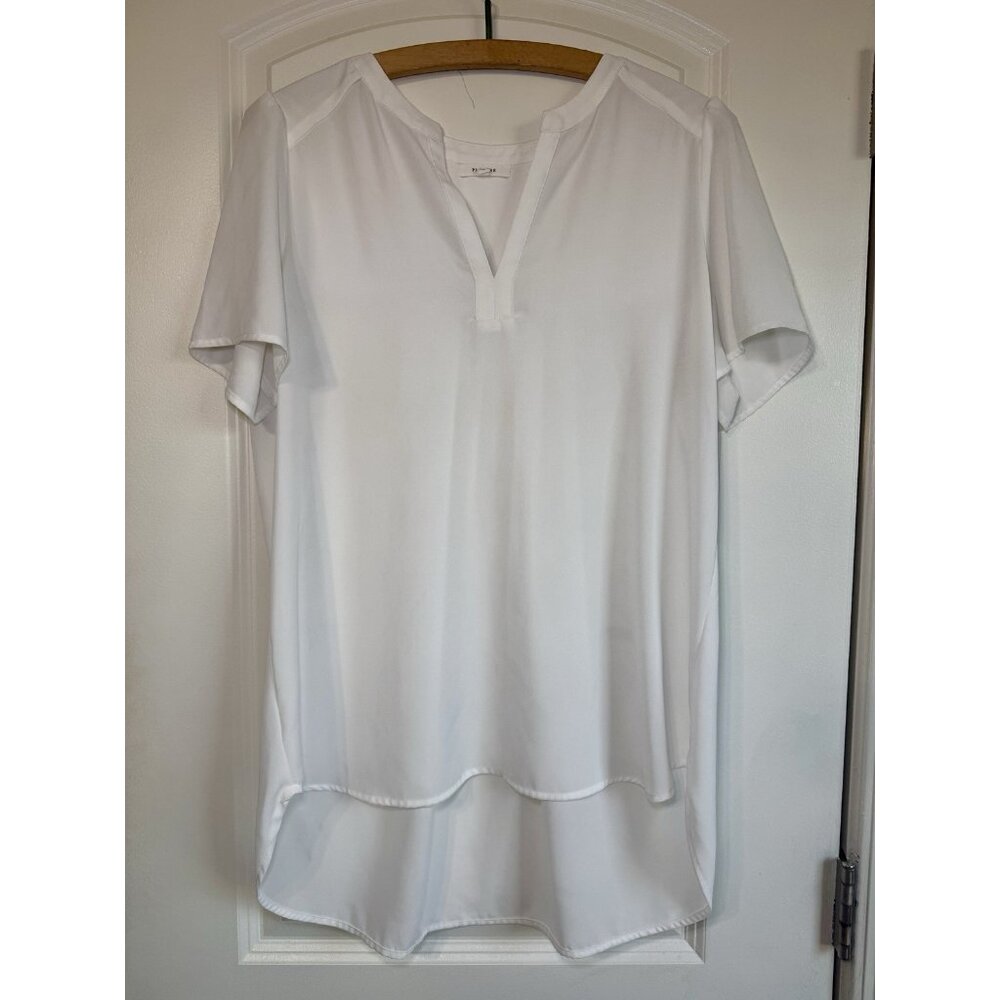 Anthropologie Pleione White Tunic High Low‎ Blouse Vneck Flutter Sleeve Top Sz M